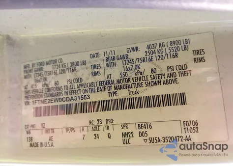 2012 Ford E-250 Commercial from USA, damaged, VIN 1FTNE2EW0CDA31553